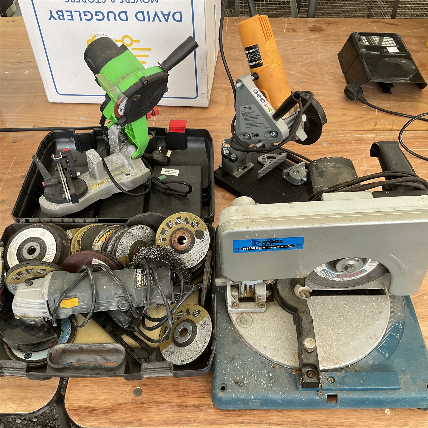 Handy Power angle grinder with discs, Nutool Compound mitre saw with spare discs, chain sharpener and angle grinder on stand - THIS LOT IS TO BE COLLECTED BY APPOINTMENT FROM DUGGLEBY STORAGE, GREAT HILL, EASTFIELD, SCARBOROUGH, YO11 3TX