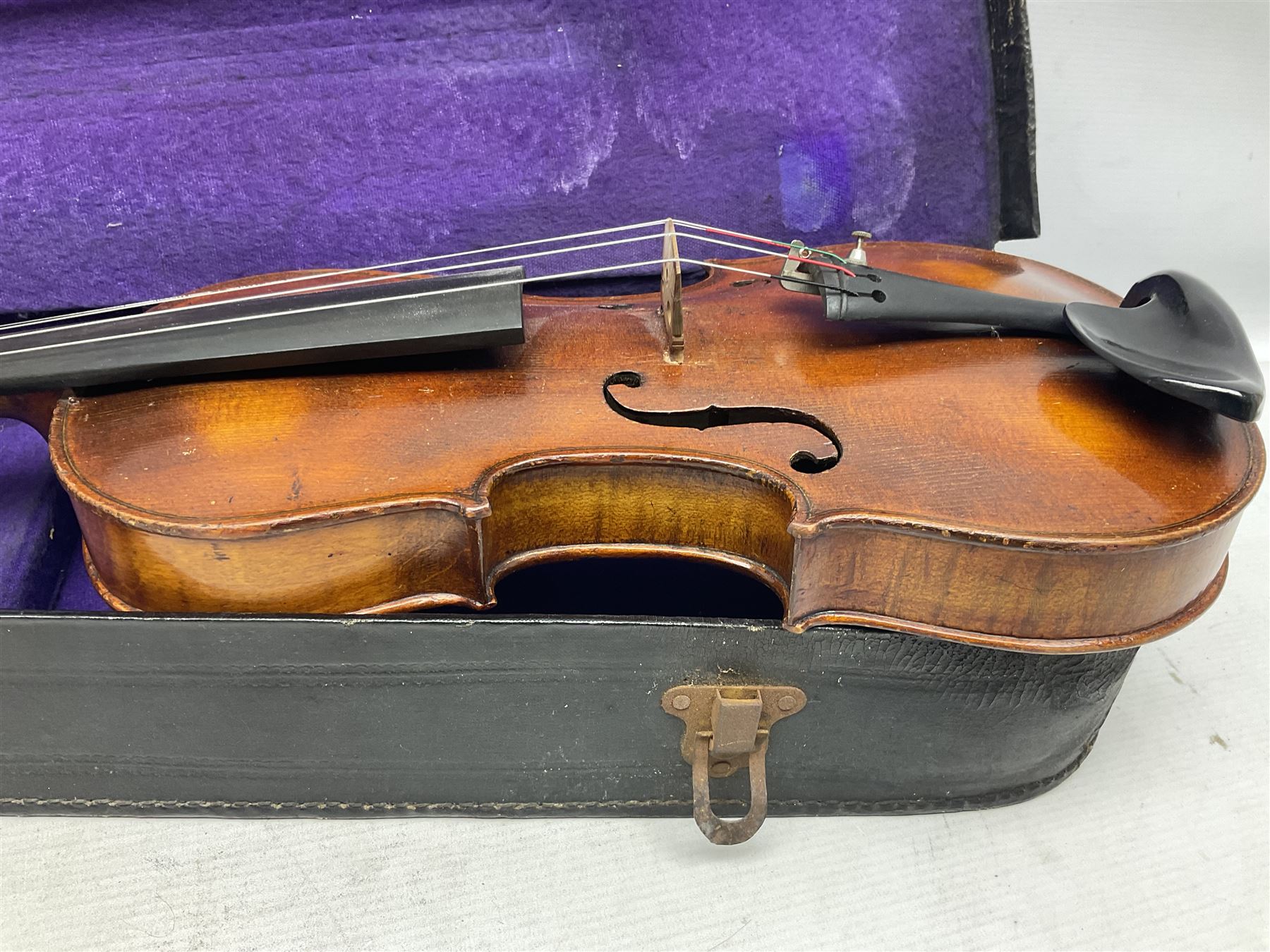 German trade violin c1900 the 36cm two-piece maple back impressed 'Stainer', maple ribs and spruce top, bears label 'Jacobis Stainer in Absam prope Oenipontum 17**' L59cm; in carrying case marked 'The Improved Dome' with bow