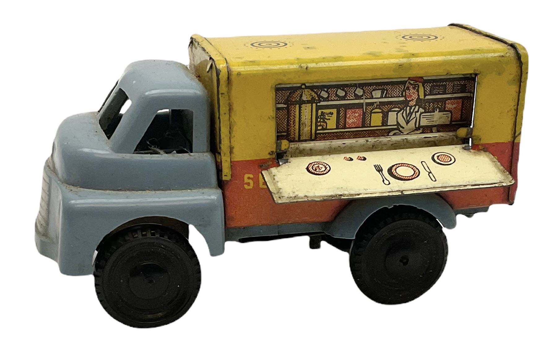 Wells Brimtoy/Pocketoy - seven tin-plate and plastic clockwork or friction-drive  vehicles comprising Milk Tanker, Greenline Coach, Liquid Oxygen Wagon, Side-Tipping Wagon, Snacks Van with drop-down counter, London Trolley Bus and covered wagon; all unboxed (7)