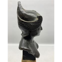 Grand Tour style bronze bust in the Egyptian taste, the female figure donning headdress raised upon marble obelisk plinth base with geometric patterned panel, H38cm