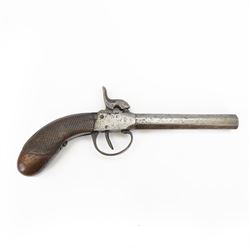Late 19th century Belgian percussion boxlock pocket pistol, marked PM, with octagonal barrel and checkered wooden grip, L23cm
Sold as an exempt item under Section 58 (2) of the 1968 Firearms Act, to be held as a curiosity or ornament