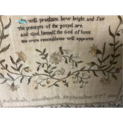 Late William IV silk work sampler by Rebekah Southcott, dated September 27th 1836, finely worked with Meekness and Forbearance religious verse amongst flowering branches and scrolling strawberry vine foliate border in gold, green and blue tones, housed in glazed frame, H59cm W48cm