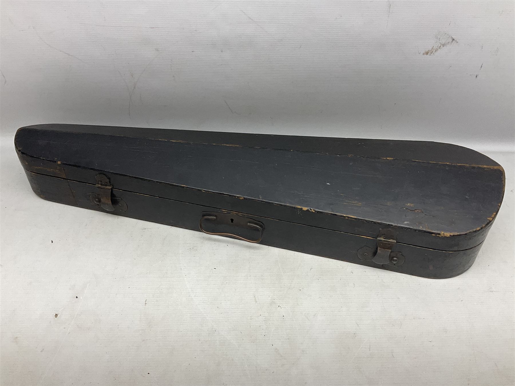 Late 19th century French three-quarter size 'Conservatory' violin with 34cm two-piece maple back and ribs and spruce top, the peg box inscribed 'Conservatory Violin Straduari', bears label 'Antonius Stradiuarius Cremonensis Faciebat Anno 1721' L55.5cm overall; in ebonised wooden 'coffin' case