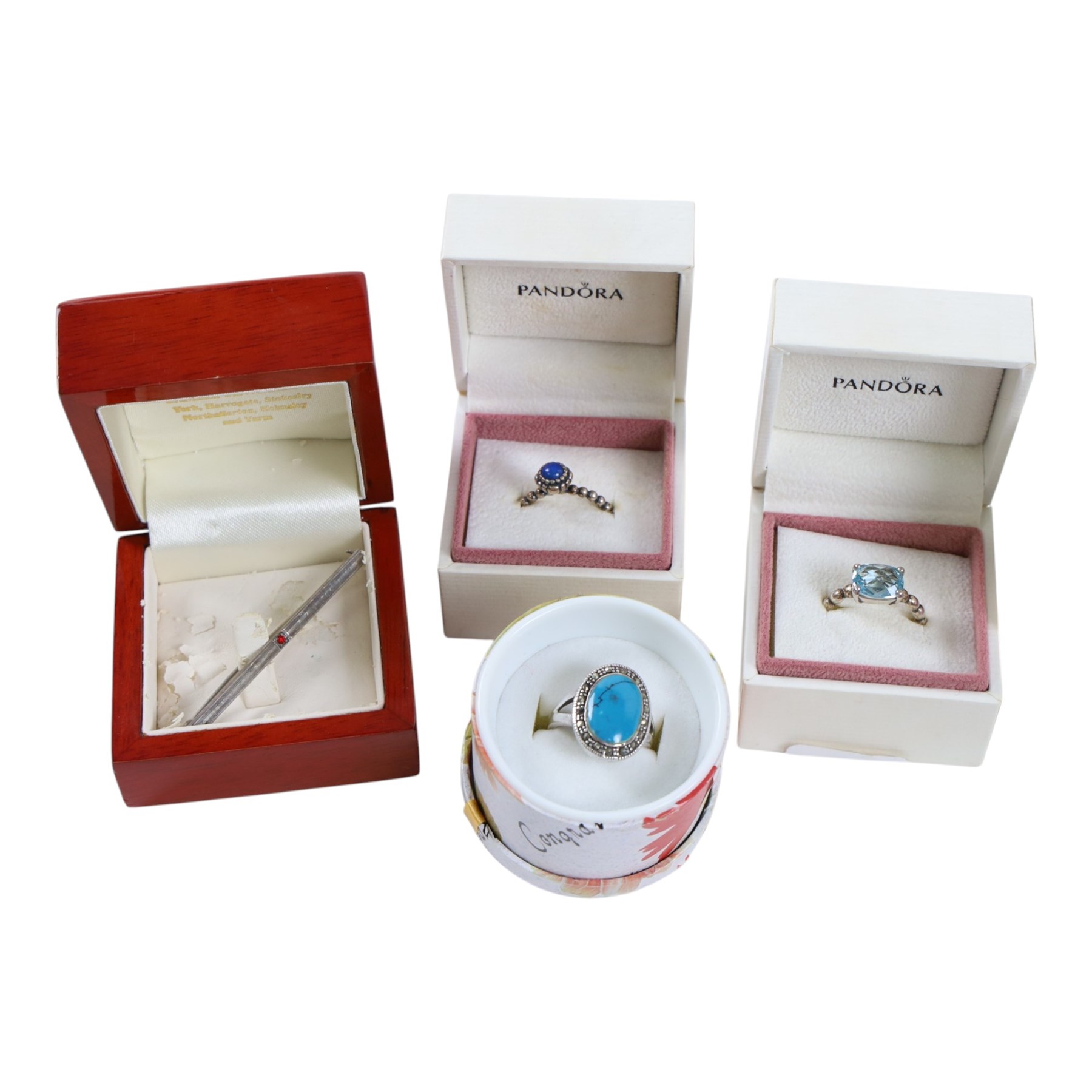 Collection of silver and silver stone set jewellery, including two Pandora rings, cross pendant, brooch, baby bangle, earrings, bracelet and locket, together with a pair of silver plated sugar tongs, jet brooch and copper stamp box