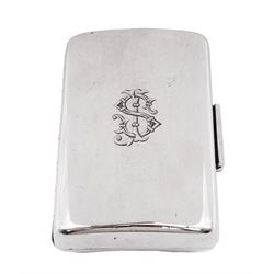 Edwardian silver cigar case, of plain rectangular and slightly domed and curved form, with engraved monogram, hinged cover and sprung action clasp, opening to reveal a gilt interior with twin sprung arms, hallmarked Sampson Mordan & Co, London 1905, H11cm W7.5cm D3cm, approximate weight 6.36 ozt (197.8 grams)