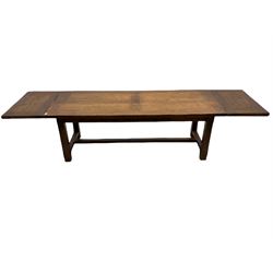 Antix French oak dining table with two leaves, two frieze drawers;, and six ladder back chairs with rush seats