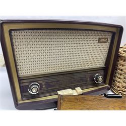 Early 20th century burr walnut tea caddy, Art Deco wooden box, wicker basket with bottle holders and a 1950s Stella radiogram