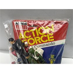 Ten 1980s Action Man Action Force figures with six original card backs; over three-hundred and forty Airfix large scale plastic soldiers; over two-hundred and thirty small scale plastic soldiers; together with accessories including boats, ladder etc