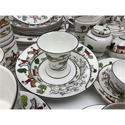 Wedgwood Hunting Scenes dinner and tea service for ten, to include dinner plates, side plates, dessert plates, cups and saucers, mugs, two large teapots, two milk jugs, etc, together with matching items by coalport and Staffordshire (94)