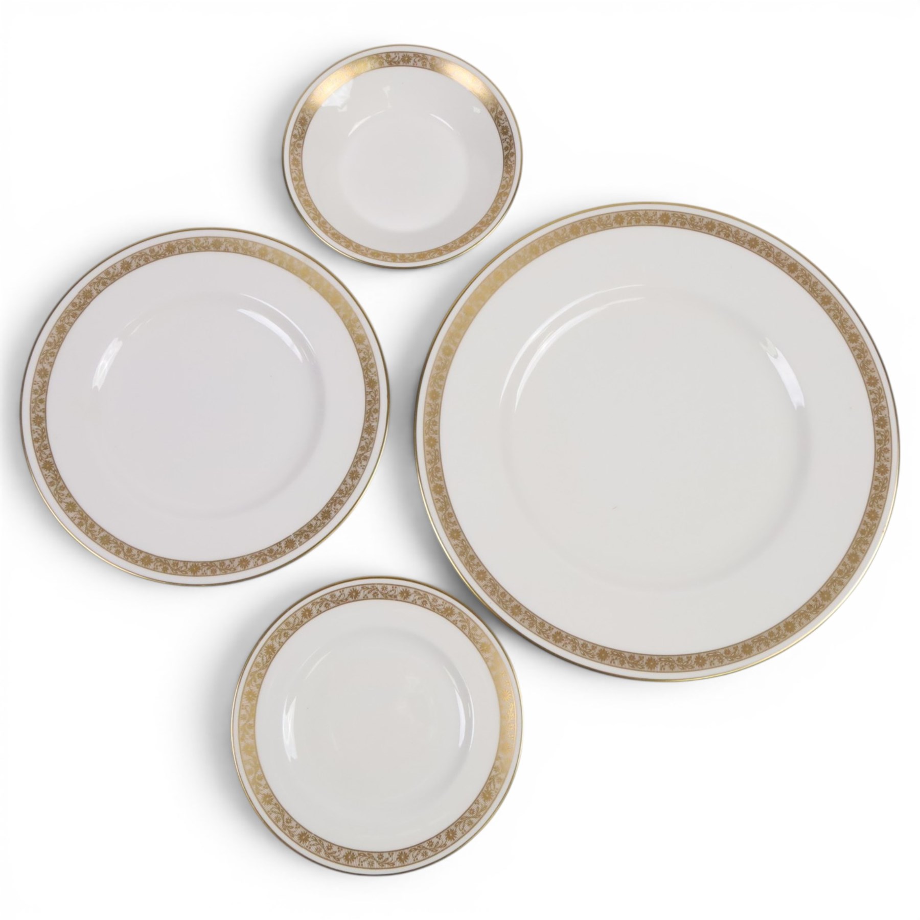 Royal Worcester Golden Anniversary pattern part dinner service for eight including dinner plates, side plates, bowls and desert plates, two serving dishes, covered tureen etc 