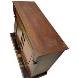 Victorian walnut bookcase, three shelves enclosed by glazed doors (W108cm, H111cm, D33cm); Victorian mahogany chiffonier (W107cm, H87cm, D41cm); pine open bookcase (W124cm, H134cm, D24cm)