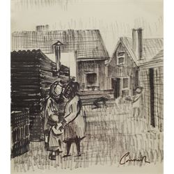 Attrib. Norman Stansfield Cornish (Northern British 1919-2014): Figures in a Yard, felt pen signed 26cm x 18cm