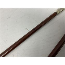 Three military swagger sticks - 14th Foot West Riding POWO Regiment; Northern Cyclist Battalion; both with regimental crests; and another with spherical terminal inscribed L/Cpl. Boycott P.M. WC. C.C.F. 7th Dec. 1960 (Combined Cadet Force?); all with plated mounts (3)