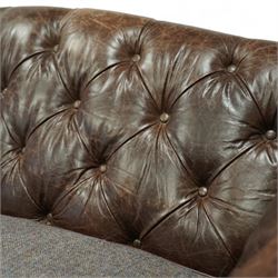 Tetrad - Harris Tweed and leather upholstered Chesterfield sofa, curved back and arms  with deep buttoned brown leather upholstery above loose herringbone tweed seat cushions with brown leather piping, raised on turned wooden feet 