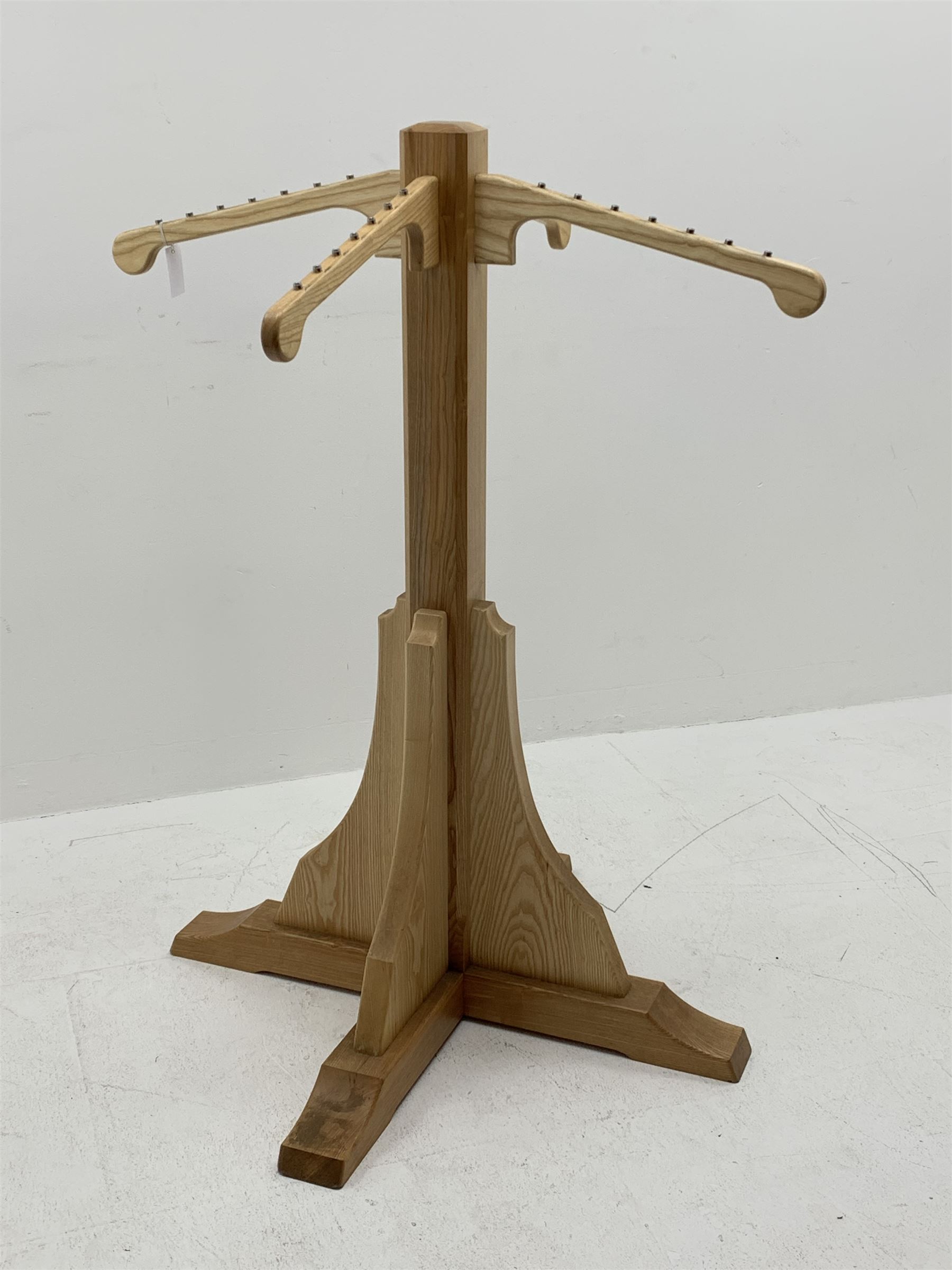 *Light ash wood clothes stand, four out splay branches, on cruciform base, H128cm, W100cm