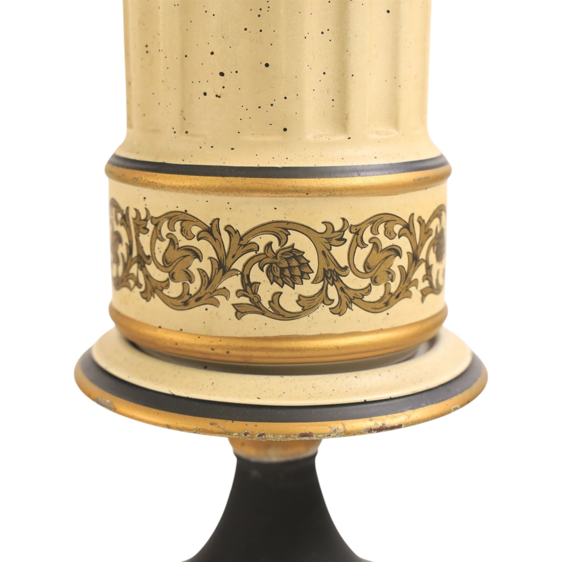 Pair of table lamps, the central column with gilt and and black bands and a foliate boarder, with cream shades, H58cm without shades 
