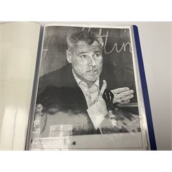 Two folders of over fifty photographs, cards, compliment slips etc of actors, actresses, celebrities, politicians, sports personalities etc, all bearing signatures, including David Frost, Lloyd Grosman, John Suchet, Julia Somerville and othe GMTV presenters, Carol Vorderman, Jackie Collins, Rolf Harris, Timothy Dalton, Pete Postlethwaite, Magnus magnusson, John Major, Kate Moss, Uri Geller, David Beckham, Peter Alliss, Sharon Davies, Kevin Keegan etc