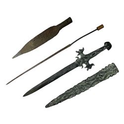 Patinated 'bronze' fantasy dagger, the 26cm blade, hilt and scabbard cast with dragons L50cm overall; hand forged iron spearhead L29.5cm; and a stiletto blade (3)