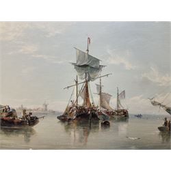 Framed oleograph type print after Henry Redmore, Calm on the Humber, overall H60cm W121cm