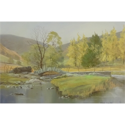  Peter Shutt (British 1926-): 'Slater's Bridge Little Langdale' & 'The Langdales and Bow Fell from Alcock Tarn', pair pastels signed 24cm x 35cm (2)  DDS - Artist's resale rights may apply to this lot   