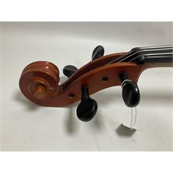 3/4 size cello with soft case, 69cm back length, 114cm full length, with bridge, ebonised tail piece and fingerboard.