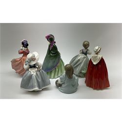 Three Royal Doulton figures, comprising The Paisley Shawl HN1460, Bess HN2002, Spring Morning HN1922, together with a Lladro figure Cat Nap 5640, and two Nao figures. 