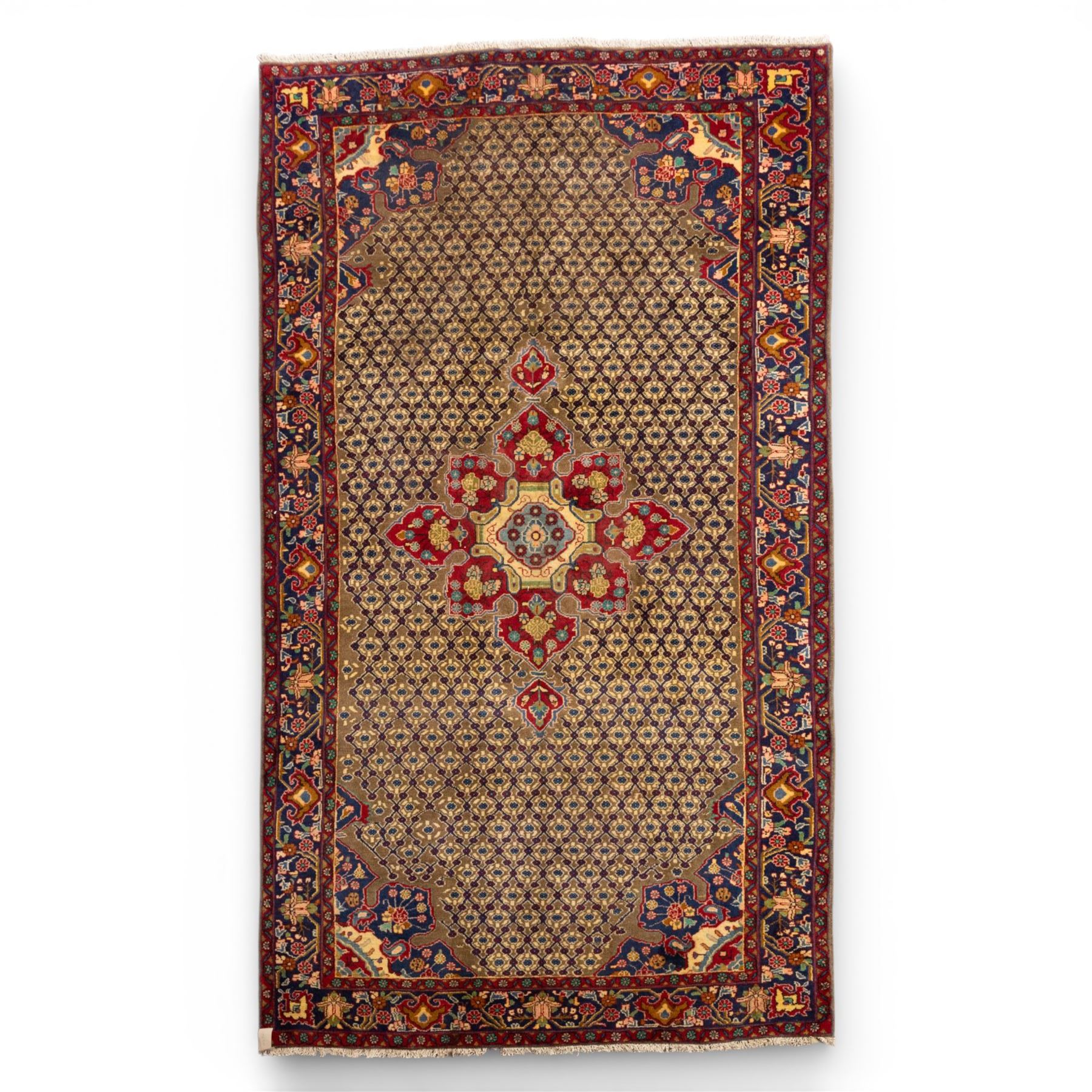 South West Persian Bidjar hand-knotted rug, olive and camel-toned field decorated with an all-over Herati lattice design with a central floral medallion within a wide floral border with shaped floral spandrels and multiple guard borders in tones of navy, ivory, crimson, and green, with cotton fringe ends  