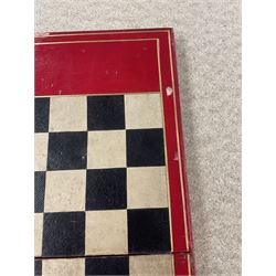 19th century walnut and brass bound games compendium box, painted to enhance the grain, of rectangular form, the hinged opening cover with rounded sides, central brass cartouche with engraved lion crest, and brass riveted straps, opening to reveal a red leather and blue silk lined compartmented interior, with fold-down games board, and lift-out tray containing playing cards, ebony turned dice towers, white and red stained bone draughts, and chess pieces, ivory dice, and ivory and ebony whist markers, and brass bezique board, cribbage board and markers, H15cm W32cm D24cm
This lot has been registered for sale under Section 10 of the APHA Ivory Act