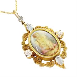 Early 20th century 9ct gold diamond and aquamarine enamel pendant, set with an oval hand painted panel depicting a cherub, within a textured openwork gold surround, set with two pear cut aquamarines and two old cut diamonds, and old cut diamond set bail in a milgrain setting, on gilt chain necklace, total diamond weight approx 0.40 carat 