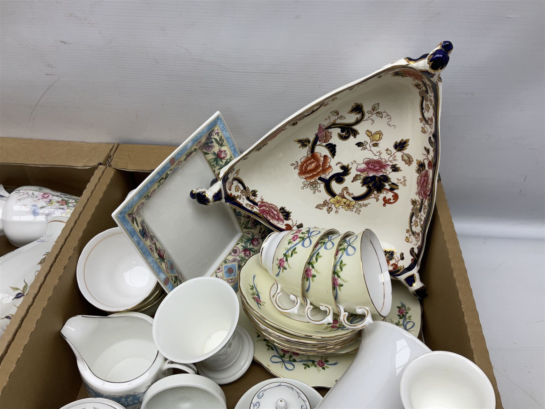 Royal Worcester miniature loving cup, Royal Doulton Wendy figure HN 2109, Lladro dish, two Giuseppe Armani figures, Staffordshire style figural vase, Crown Devon Fieldings blush ivory ewers and twin handled vases, Villeroy & Boch, Royal Doulton, Carlton Ware, Masons ironstone, other ceramics, teawares etc in four boxes