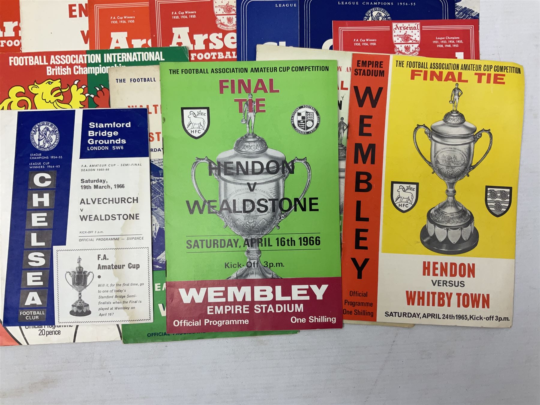 Football programmes - thirteen various England and England Youth matches 1953-77; European Cup Winners Cup Final May 19th 1965 TSV Munchen 1860 v West Ham; European Champions Club Cup Final May 29th 1968 Benfica (1) v Manchester United (4), the famous Bobby Charlton final; seven Wealdstone F.C. 1950-66 including London Senior Charity Cup Final May 10th 1952; Harrow Town Football Challenge Cup April 14th 1948; and eight F.A. Amateur Cup Finals and Semi-Finals plus three song sheets 1956-68 (34)