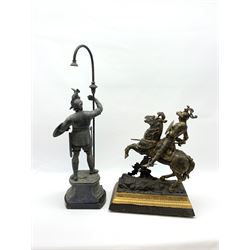 19th/ early 20th Century spelter figure depicting a knight on horseback titled 'Lancaster' H51cm and a spelter figural lamp in the form of a knight (2)