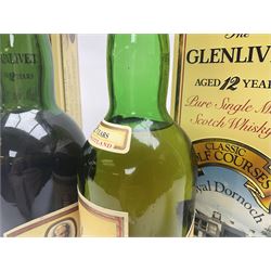 Two Glenlivet 12 year old, single malt Scotch whisky, 700ml 70% vol, each in original Classic Golf Clubs of Scotland presentation tin, Royal Troon and Royal Dornoch