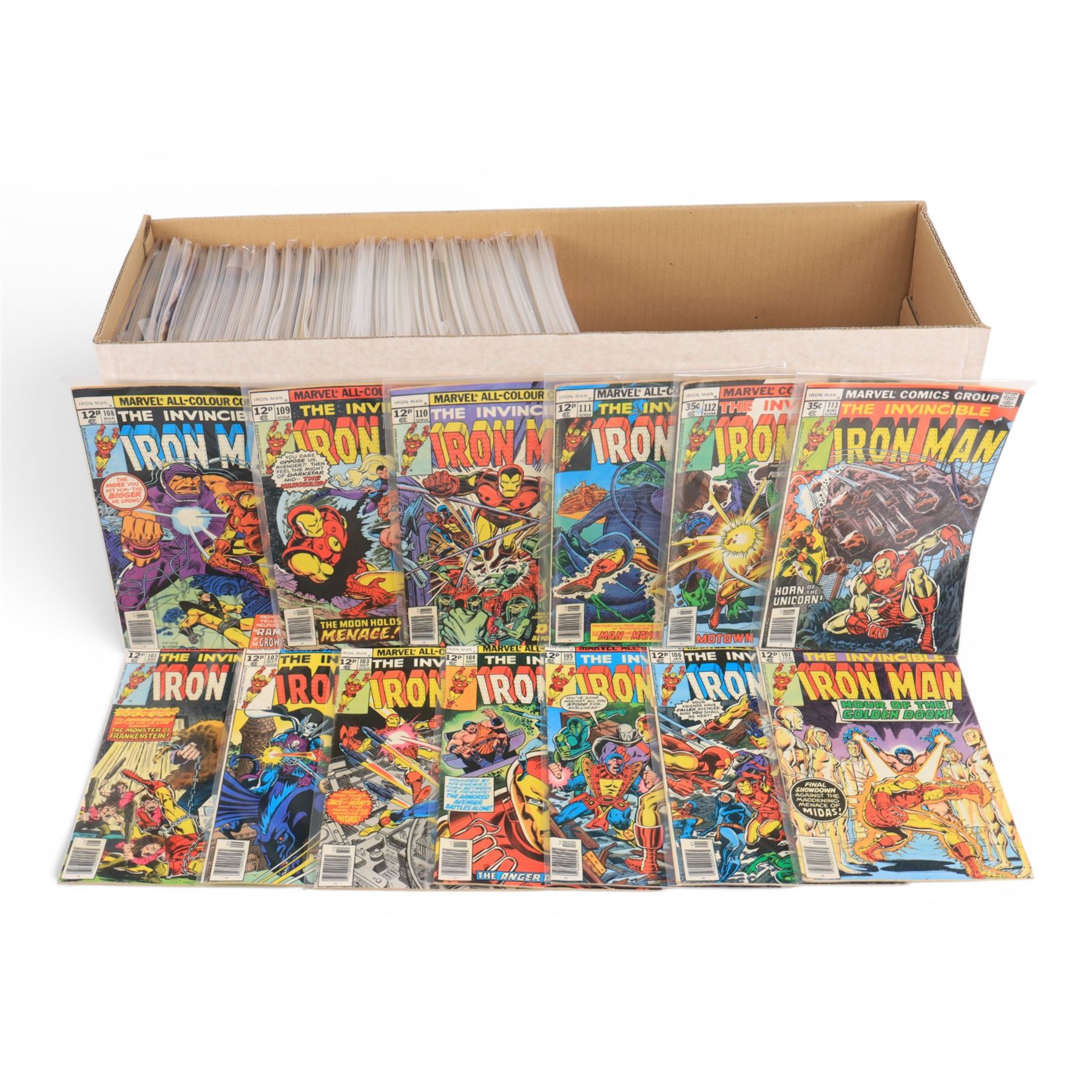 Collection of Marvel Bronze Age and later 'The Invincible Iron Man' comic books, spanning years 1977-1993, a continuous run of issues #101-#244, #247-#252, #254, #256, #259, #260, #262, #267, #277 #280, #300 and #301, some Giant Sized Specials and some duplicates