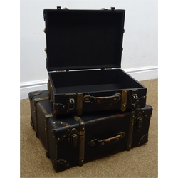  Graduating set of two leather and wooden bound trunks, W50cm  