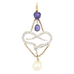 Early 20th century 15ct gold and platinum sapphire, pearl and diamond pendant, single whit...