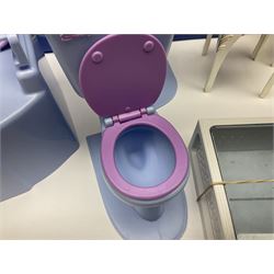 Sindy - furniture and accessories comprising dining suite with separate dresser; two beds; Garden Set; Music Centre; all  boxed; three-piece bedroom suite; settee; Hostess Trolley; two coffee tables; and four-piece bathroom suite including shower cubicle