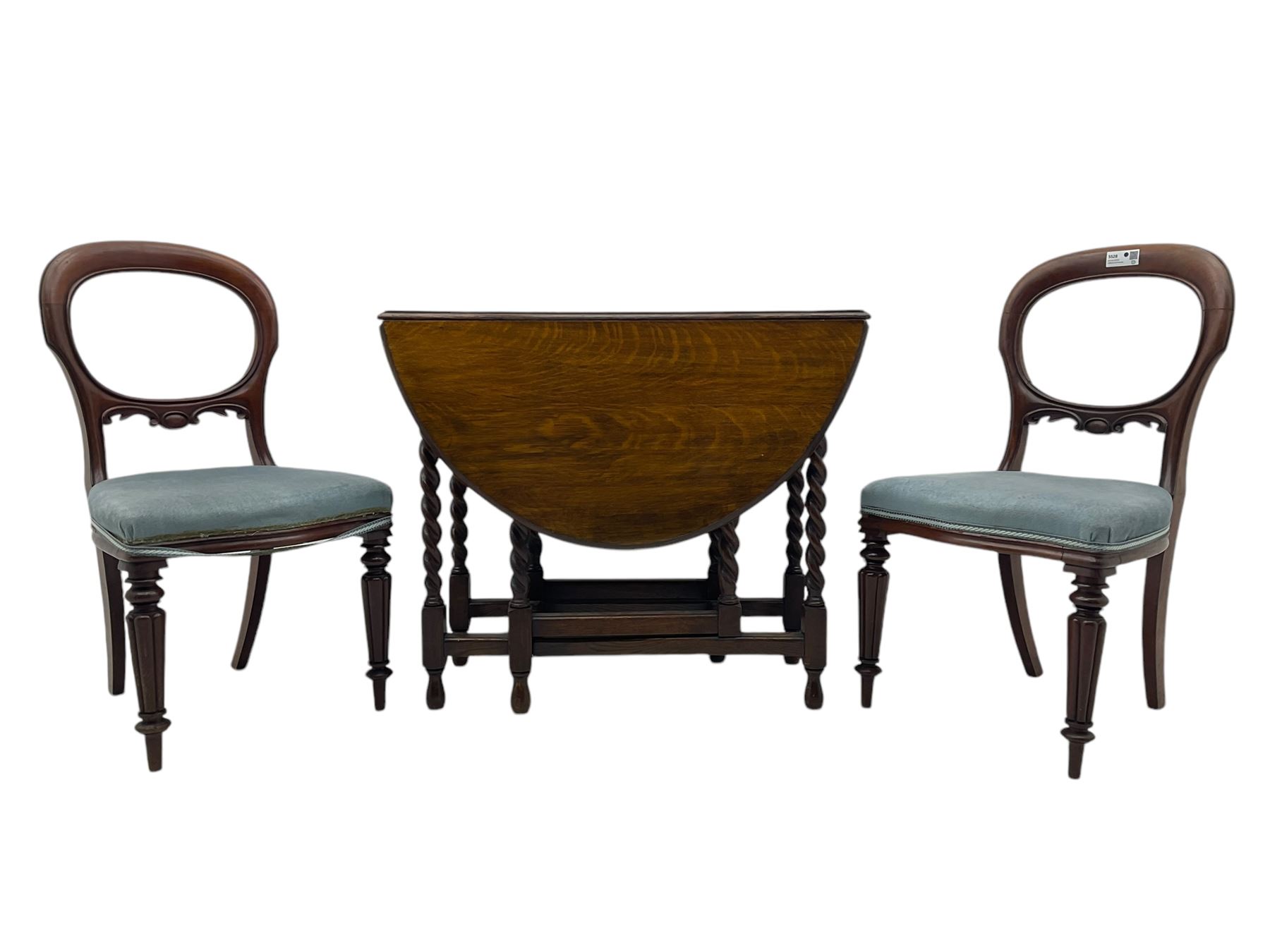Pair of Victorian mahogany balloon back dining chairs (W49cm); 20th century oak drop-leaf dining table (W92cm); three small children's chairs (6)