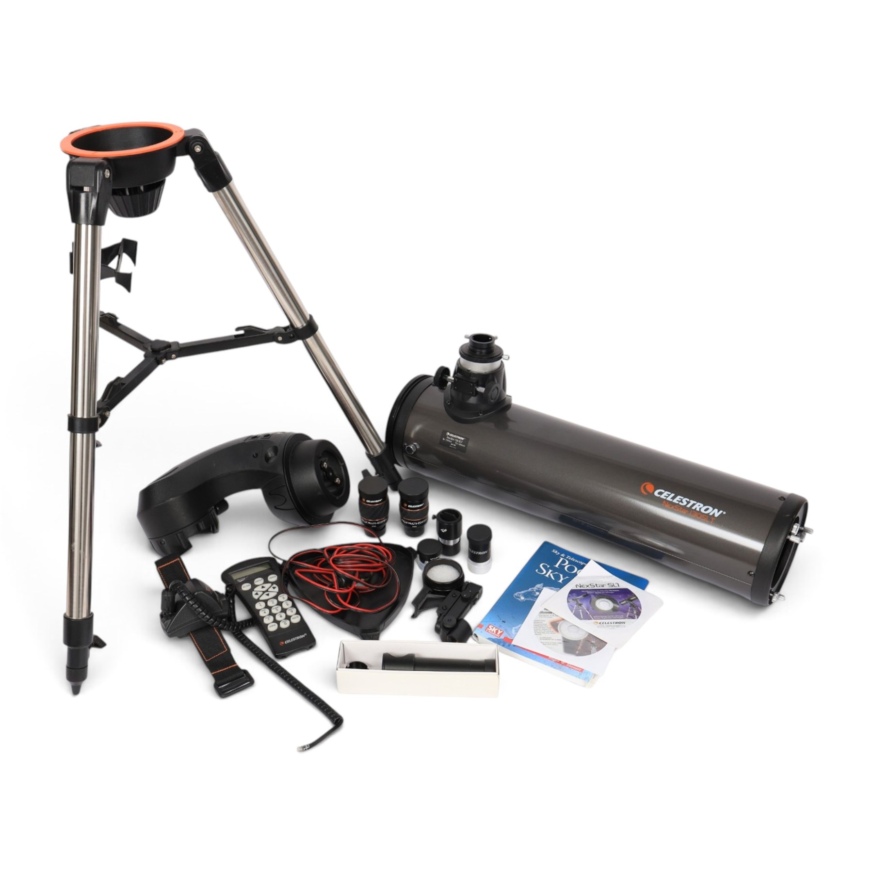 Celestron Nexstar 130SLT stargazing telescope, on a tripod stand, with lenses and other accessories