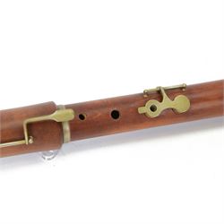 Replica Renaissance Bass recorder in Pearwood, authentic duct blown period instrument with two keys, possibly German.