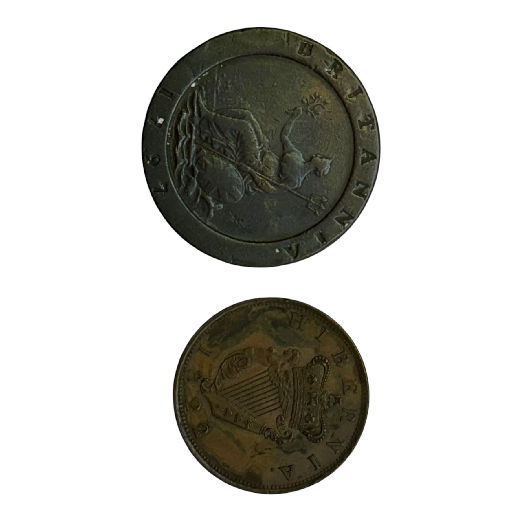 George III 1797 cartwheel twopence and George IV Irish 1822 penny coins