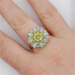9ct gold pear cut opal and round cut peridot cluster ring, hallmarked