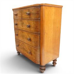 Victorian mahogany bowfront chest, with mahogany veneered drawers two over three drawers, turned handles with mother of pearl centres, raised on turned supports