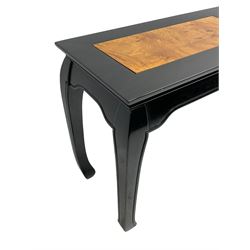 20th century Chinese ebonised lacquered console table, rectangular top with contrasting elm rectangular panels, shaped apron over curved supports
