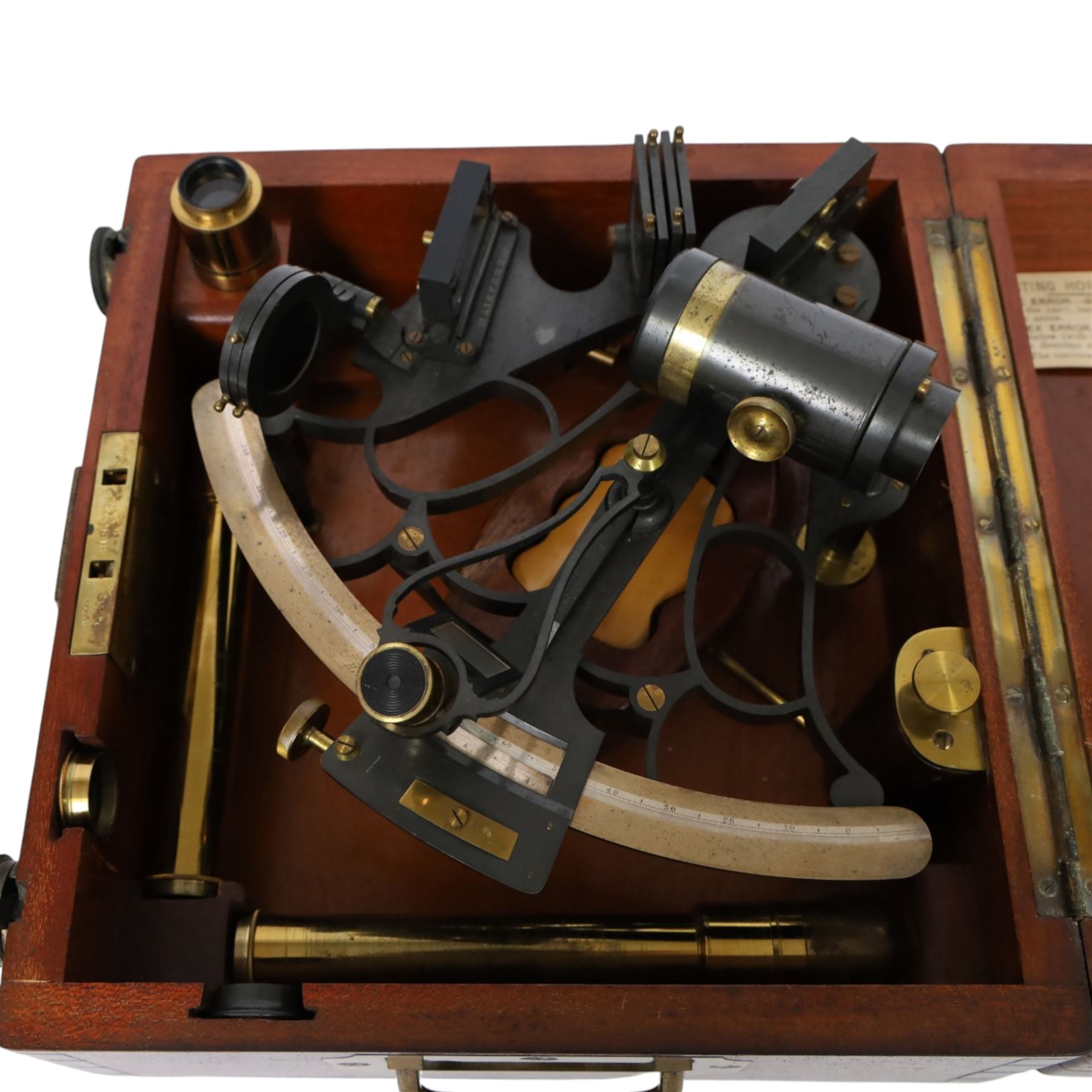 IVORY LICENCE Late 19th century Heath & Co Hezzanith sextant c.1898, brass and black lacquer with silvered dial, contained within a mahogany case, with a Hezzanith false horizon and oil lamp attachment