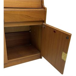 Remploy - mid-20th century teak bureau, the fall front enclosing fitted interior, two drawers over double cupboard