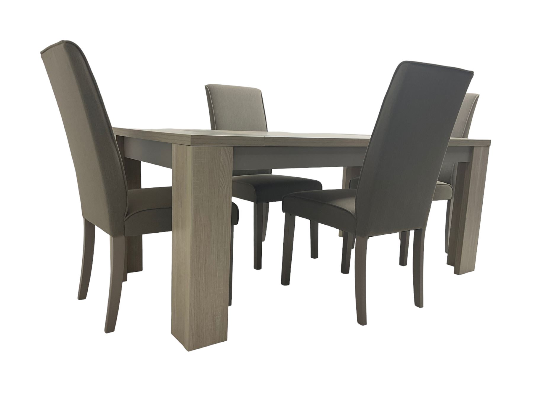 Wayfair Veasley - washed oak finish rectangular dining table, and set four high back dining chairs upholstered in grey fabric