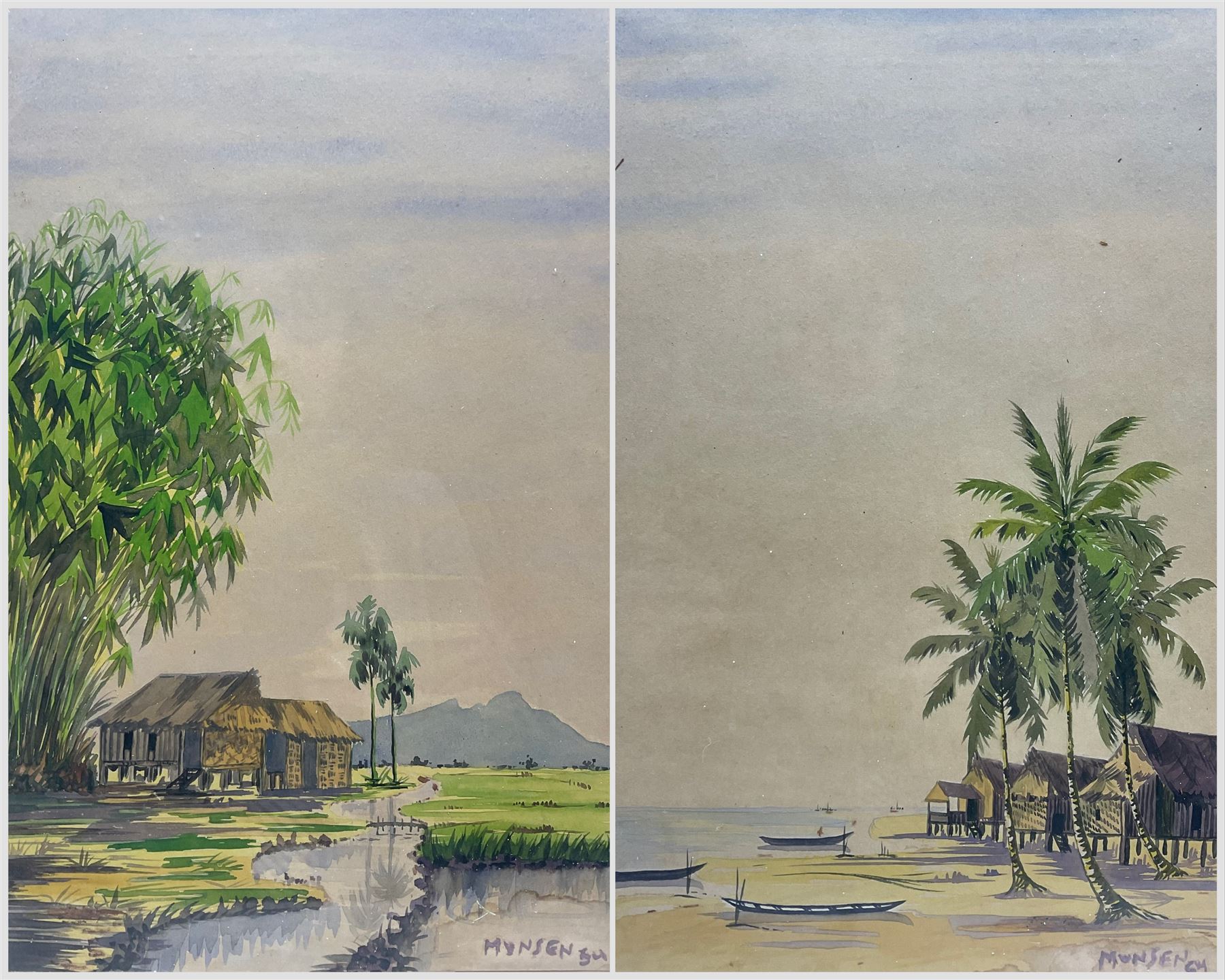 Yong Mun Sen (Malaysian 1896-1962): Coast and River Landscapes, pair watercolours signed and dated '54, 37cm x 22cm (2)