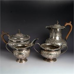 Victorian silver four piece tea service, comprising hot water pot, teapot, milk jug and su...