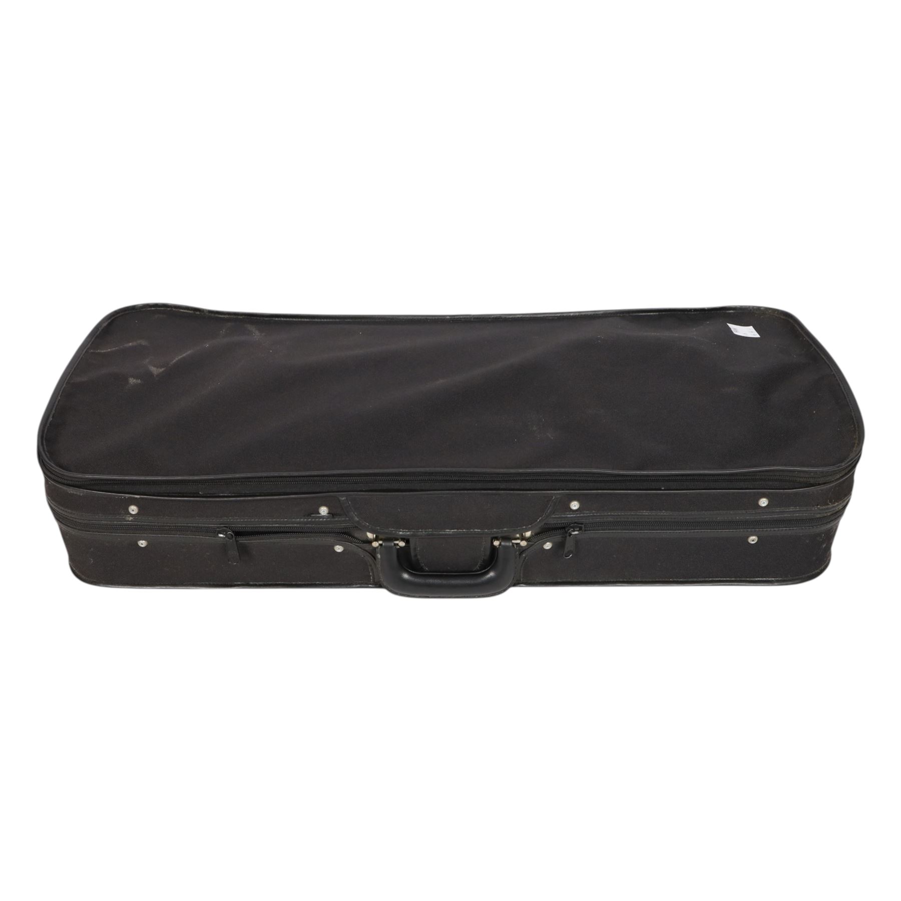 Two 19th century violins, each with two piece maple backs, ebonised wooden pegs and finger boards and modern plastic chin rests, with two bows, all contained within a modern two-violin soft case with red interior